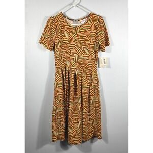 LuLaRoe Amelia Dress Large Orange Geometric Maze Short Sleeve Pleated Midi NWT